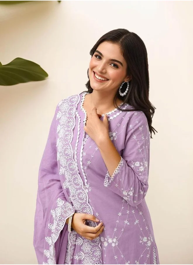 ISHIN Palazzo Women Lilac Cotton Kurta Set with Embroidered pattern Tunic and Palazzo features a Round neckline and Three-Fourth Sleeve secured with Elastic closure and styled in Straight Fit ideal for Festive moments — a must-have for your statement wardrobe.