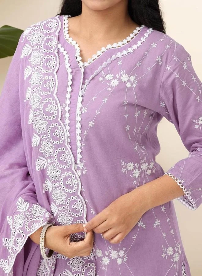 ISHIN Women's Lilac 100% Cotton Embroidered Tunic Full Length Palazzo Straight Fit Kurta Set