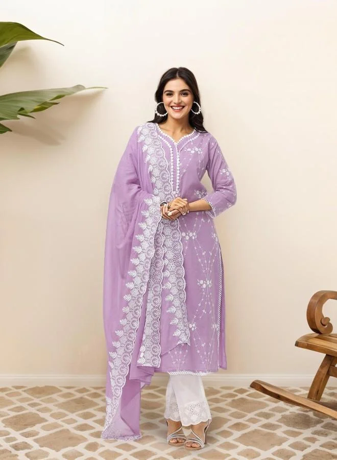 ISHIN Women's Lilac 100% Cotton Embroidered Tunic Full Length Palazzo Straight Fit Kurta Set