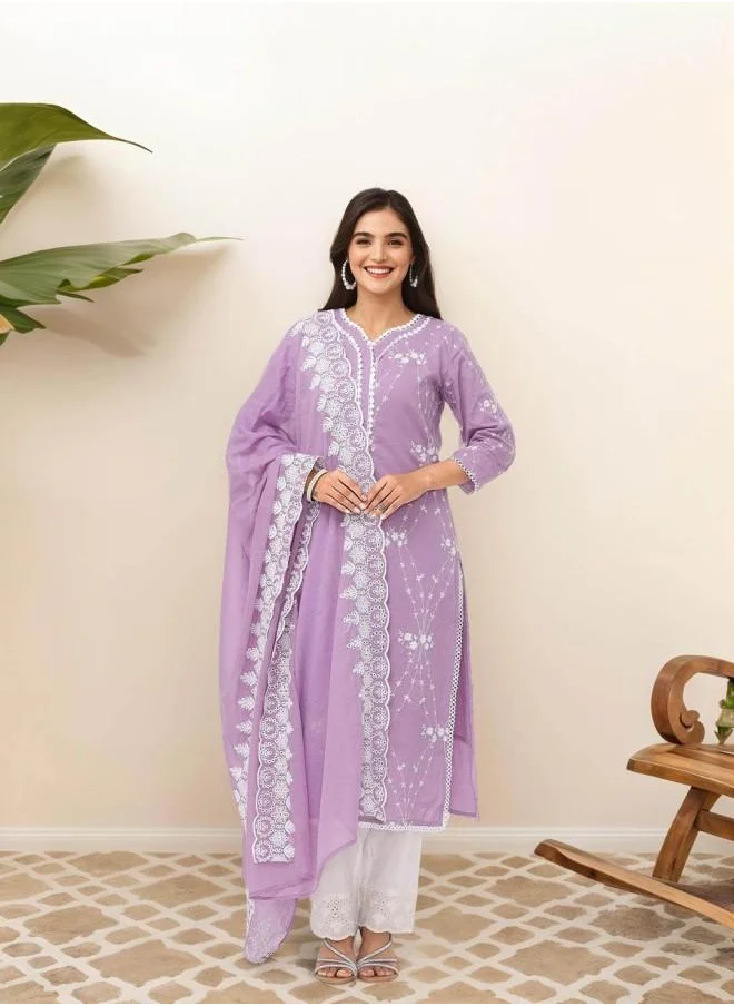 ISHIN Palazzo Women Lilac Cotton Kurta Set with Embroidered pattern Tunic and Palazzo features a Round neckline and Three-Fourth Sleeve secured with Elastic closure and styled in Straight Fit ideal for Festive moments — a must-have for your statement wardrobe.