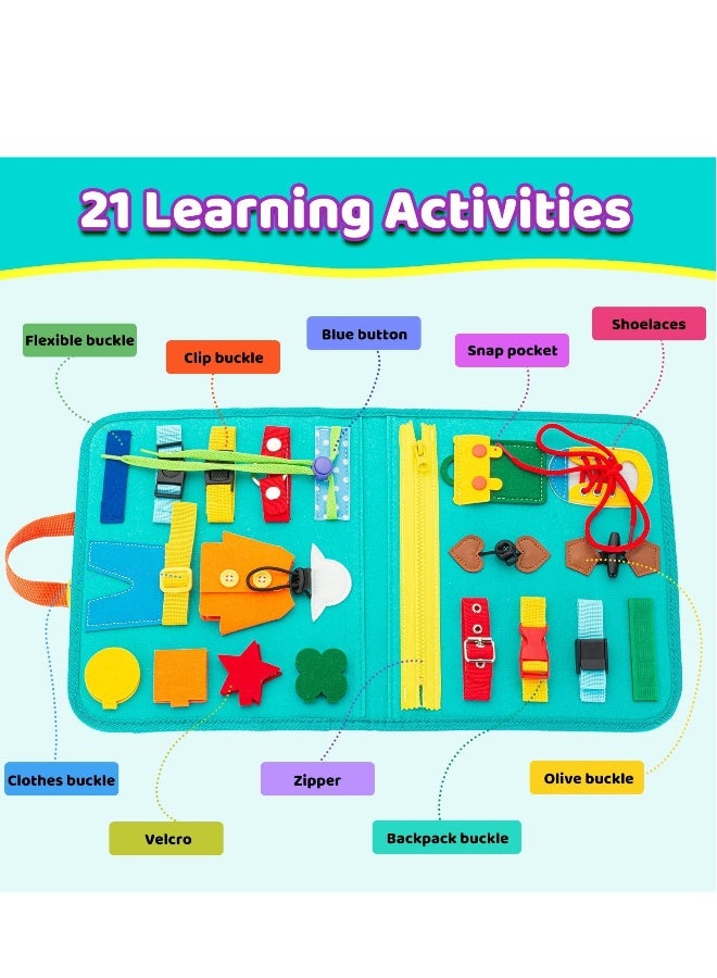 Busy Board, 27 in 1 DIY Portable Felt Dressing Button Learning Board Early Educational Sensory Brain Toys for 1 2 3 4 Years Old Boys Girls Preschoolers(Green)  - Image 3