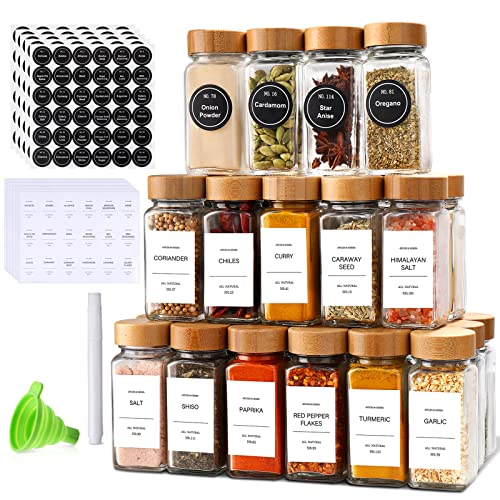 DIMBRAH Spice Jars with Label-4oz 36Pcs, Glass Spice Jars with Bamboo Lids, Container Set with White Printed Labels,Kitchen Empty Jars with Shaker Lids - Image 1
