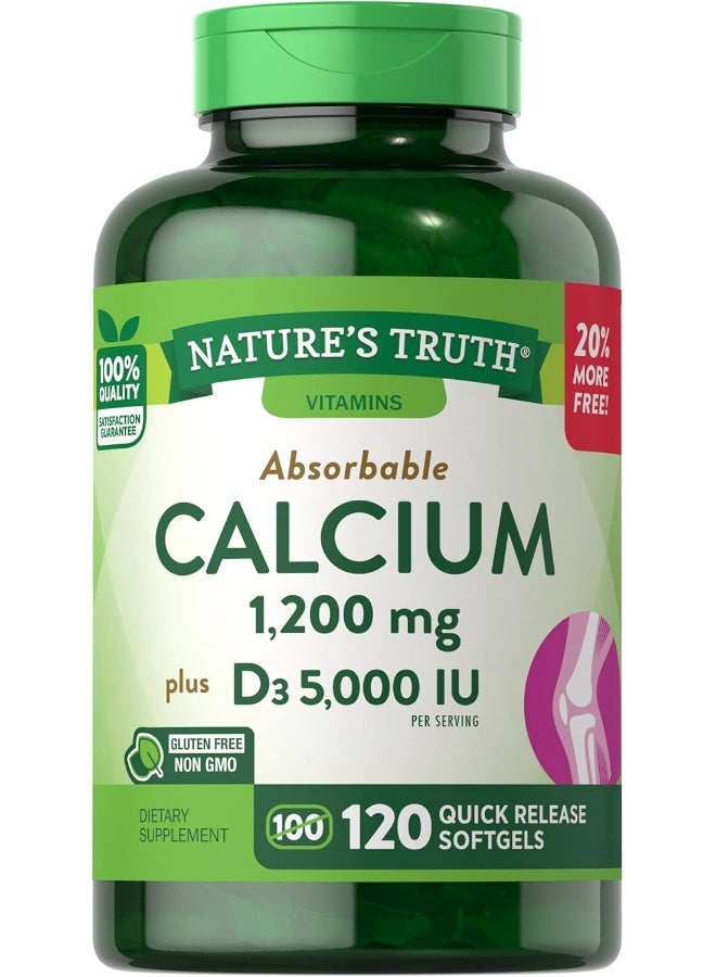 Nature's Truth Absorbable Calcium 1200 Mg With Vitamin D3 5000 Iu | 120 Softgels | Calcium Carbonate Supplement | Non-Gmo Gluten Free - Image 1
