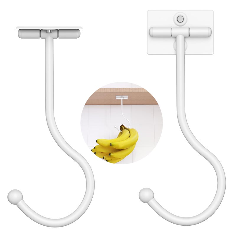 Josmimic Modern Banana Hanger Hook Under Cabinet Adhesive Banana Holder Foldable with Magnets When Not in Use Under Counter Banana Hook Stainless Hold 13 LB White 2 Pack