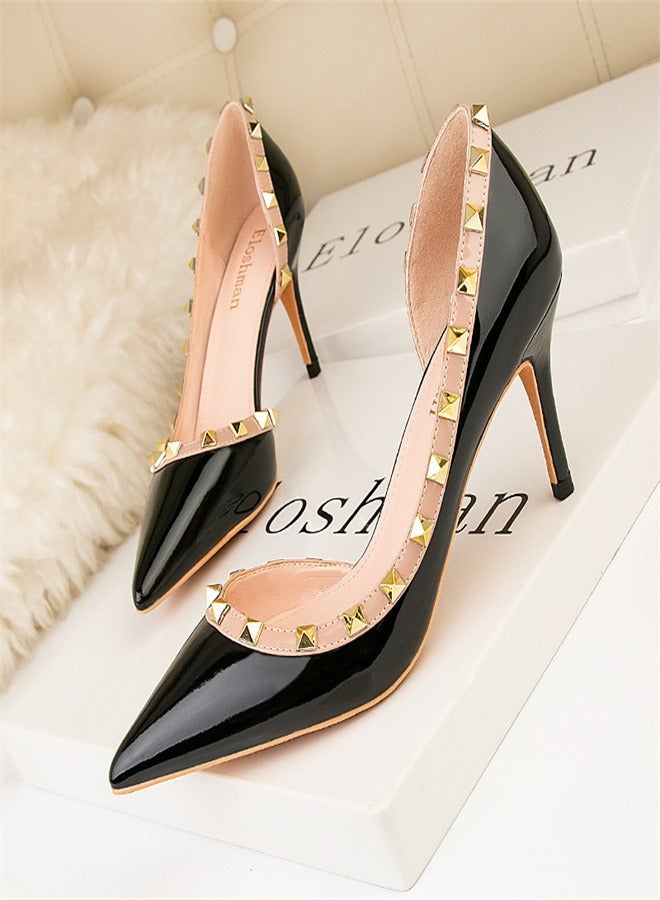 Eloshman Fashionable Rivet Shallow Cut Pointed Side Hollowed Out Women's Thin Heel High Heels Black - Image 1