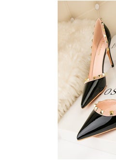 Eloshman Fashionable Rivet Shallow Cut Pointed Side Hollowed Out Women's Thin Heel High Heels Black  - Image 2