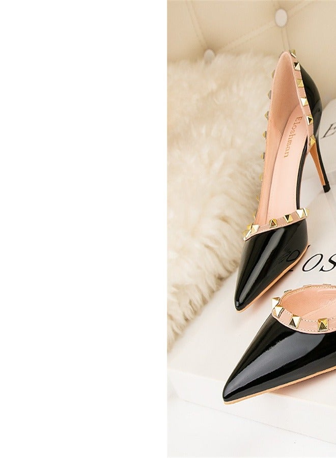 Eloshman Fashionable Rivet Shallow Cut Pointed Side Hollowed Out Women's Thin Heel High Heels Black - Image 2
