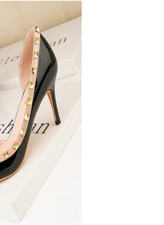Eloshman Fashionable Rivet Shallow Cut Pointed Side Hollowed Out Women's Thin Heel High Heels Black  - Image 3