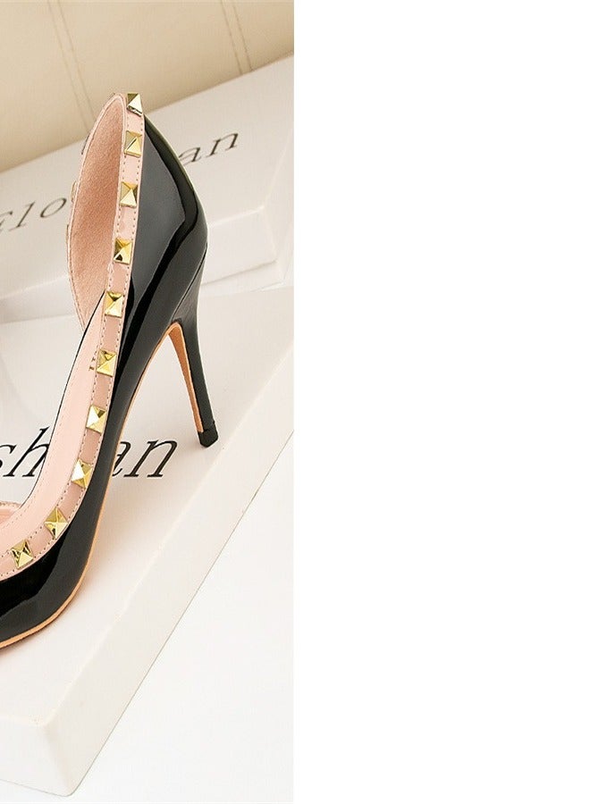 Eloshman Fashionable Rivet Shallow Cut Pointed Side Hollowed Out Women's Thin Heel High Heels Black - Image 3