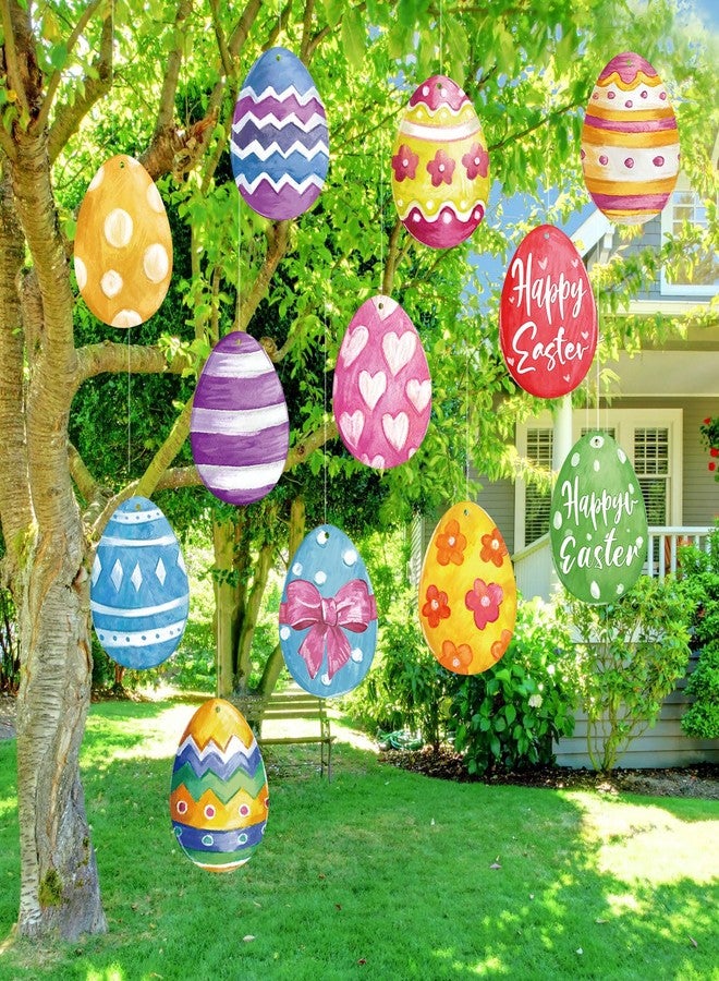 Memorywuu 12 Pcs 7.9 Inch Large Outdoor Easter Decorations Easter Egg Outdoor Hanging Ornaments Signs Double Sided Colorful Egg Shaped Decorations for Tree Lawn Porch Yard Outside Party Decor - Image 1