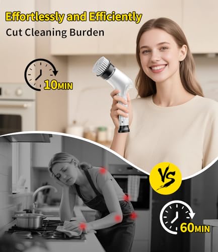 KELAWE Electric Spin Scrubber Cordless Household Cleaning Brush with 6 Replaceable Heads 3 Speeds LED Display Lightweight Handheld Power Scrubber for Cleaning StoveBowlSinkCornerTileGroutWhite - Image 3