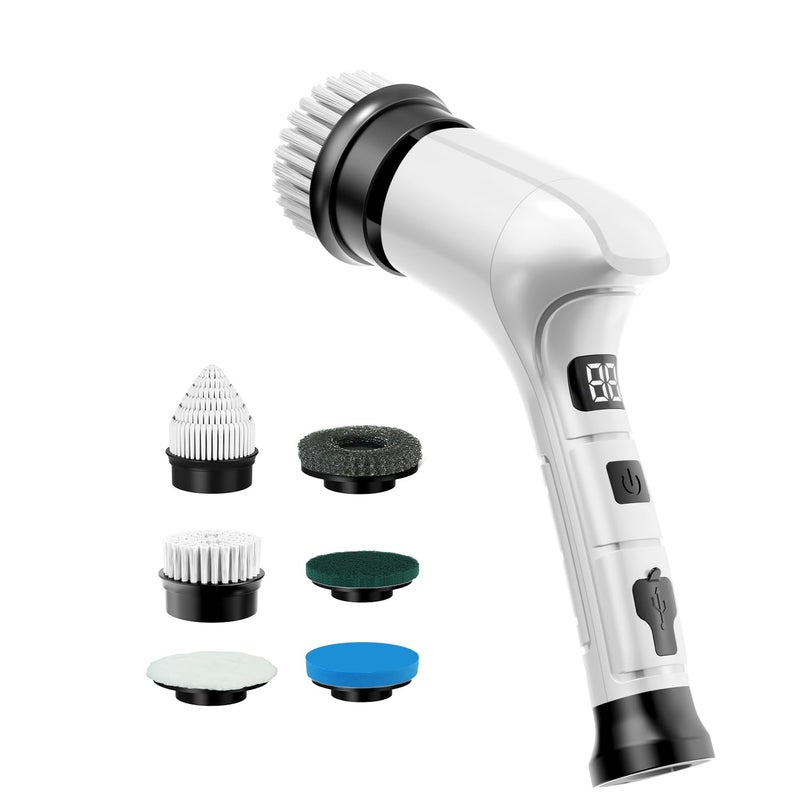KELAWE Electric Spin Scrubber Cordless Household Cleaning Brush with 6 Replaceable Heads 3 Speeds LED Display Lightweight Handheld Power Scrubber for Cleaning StoveBowlSinkCornerTileGroutWhite - Image 2