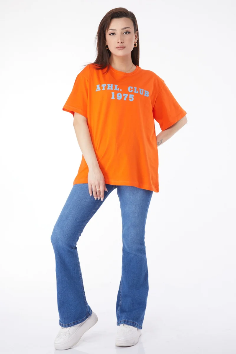 Tofisa 24644-ORANJ Crew Neck Short Sleeve Printed T-Shirt