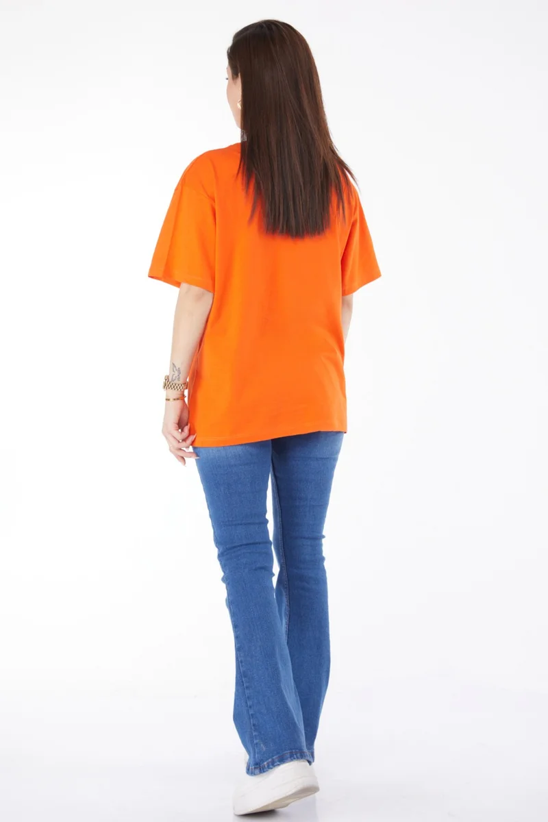 Tofisa 24644-ORANJ Crew Neck Short Sleeve Printed T-Shirt