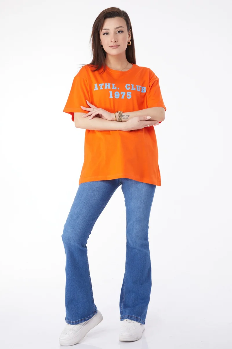 Tofisa 24644-ORANJ Crew Neck Short Sleeve Printed T-Shirt