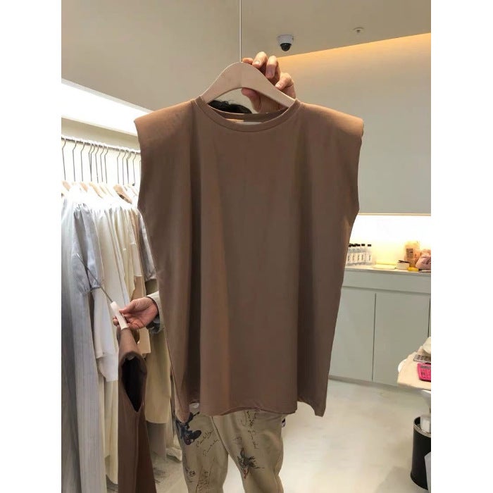 Sleeveless T-shirt Womens 2023 Summer New Arrival Loose Casual Student Top ins Exterior Girls Crewneck Vest Coffee  - Image 1