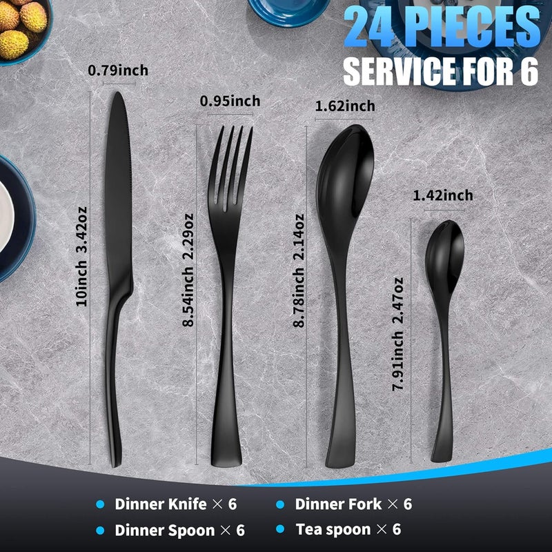 Lemeya 24Piece Black Silverware Set for 6Heavy Duty 1810 Stainless Steel Cutlery Set with Forged Stand KnifeModern Flatware Utensil SetForks Spoons and Knives SetMirror PolishedDishwasher Safe - Image 3