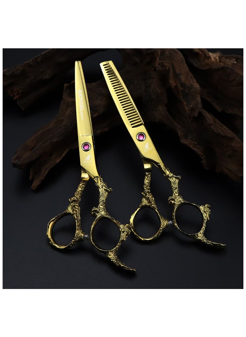 NEPURLson Professional Hairdressing Scissors Dragon Handle Flat Scissors Thinning Scissors Set Gold 6 Inch  - Image 2