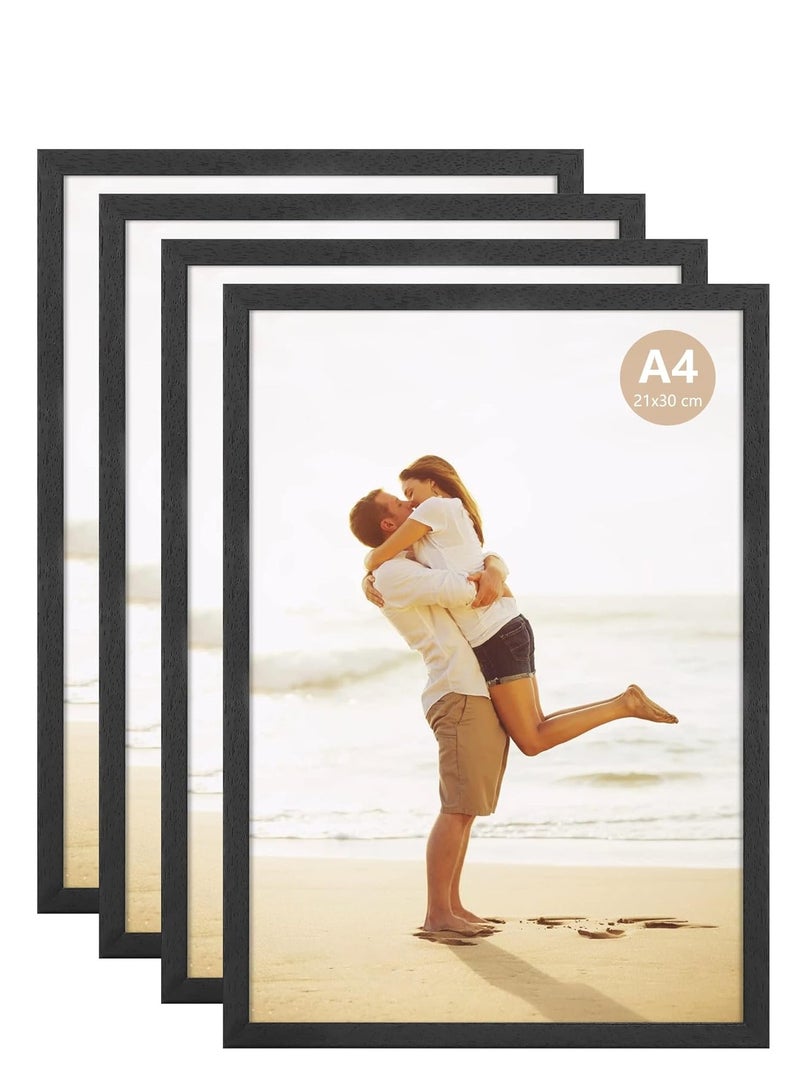 AKDC A4 Photo Frame A4 Black Wood Certificate Frames for Table Wall Display Horizontal or Vertical, Set of 4 Pieces - Image 1