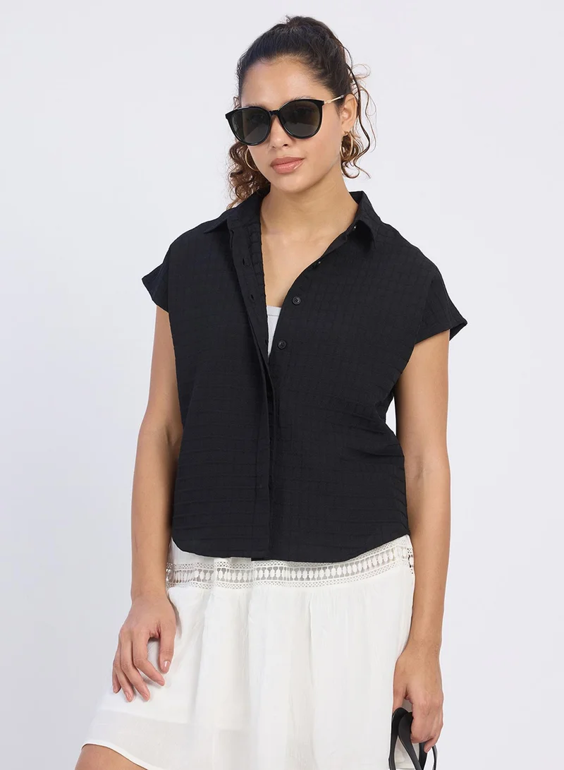 PINACOLADA Pinacolada Women's Midnight Black Boxy Textured Shirt For Casual Wear | Spread Collar | Short Sleeve | Button Closure | Shirt Designed With Comfortable Fit For Woman & Girls