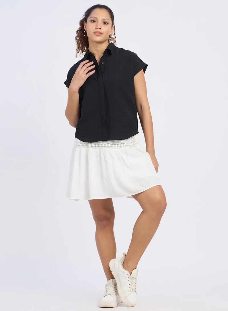 PINACOLADA Pinacolada Women's Midnight Black Boxy Textured Shirt For Casual Wear | Spread Collar | Short Sleeve | Button Closure | Shirt Designed With Comfortable Fit For Woman & Girls