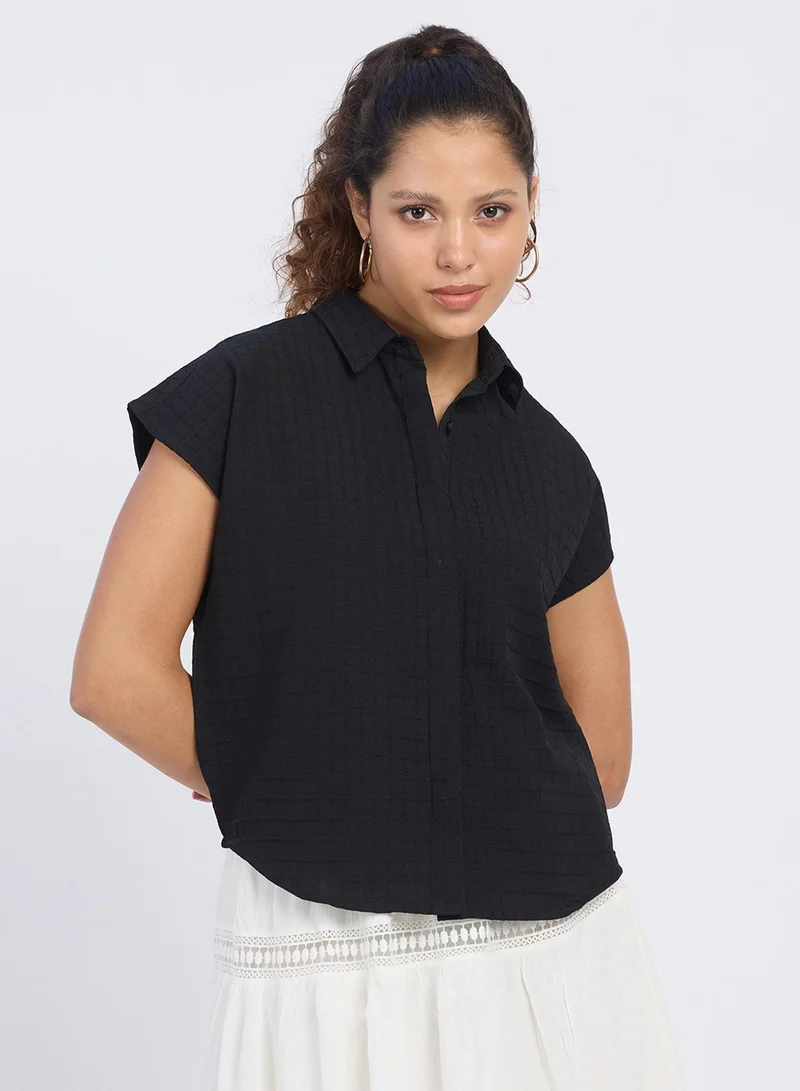 PINACOLADA Pinacolada Women's Midnight Black Boxy Textured Shirt For Casual Wear | Spread Collar | Short Sleeve | Button Closure | Shirt Designed With Comfortable Fit For Woman & Girls