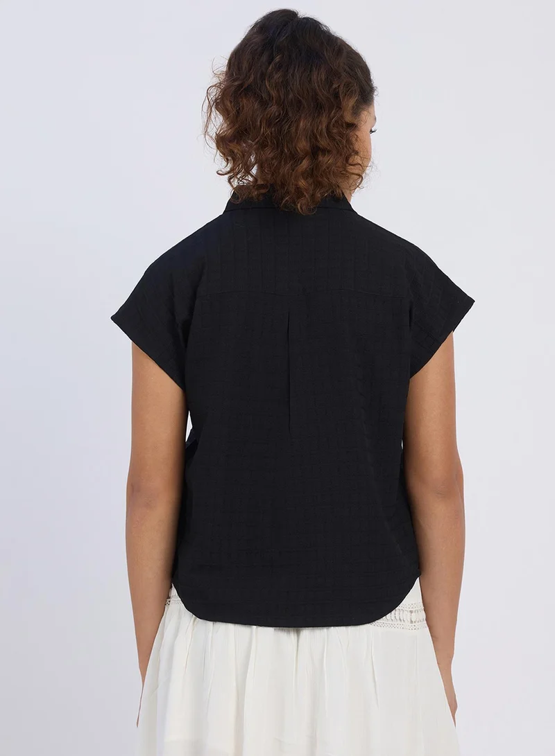 PINACOLADA Pinacolada Women's Midnight Black Boxy Textured Shirt For Casual Wear | Spread Collar | Short Sleeve | Button Closure | Shirt Designed With Comfortable Fit For Woman & Girls