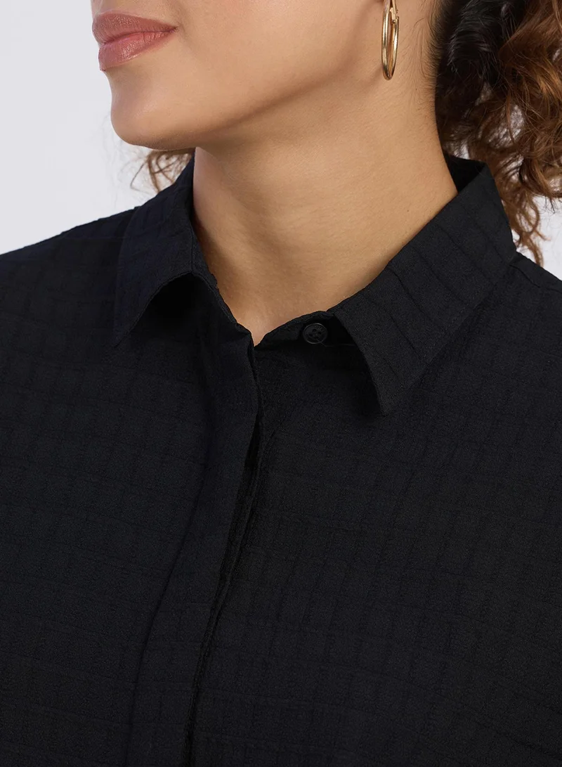 PINACOLADA Pinacolada Women's Midnight Black Boxy Textured Shirt For Casual Wear | Spread Collar | Short Sleeve | Button Closure | Shirt Designed With Comfortable Fit For Woman & Girls