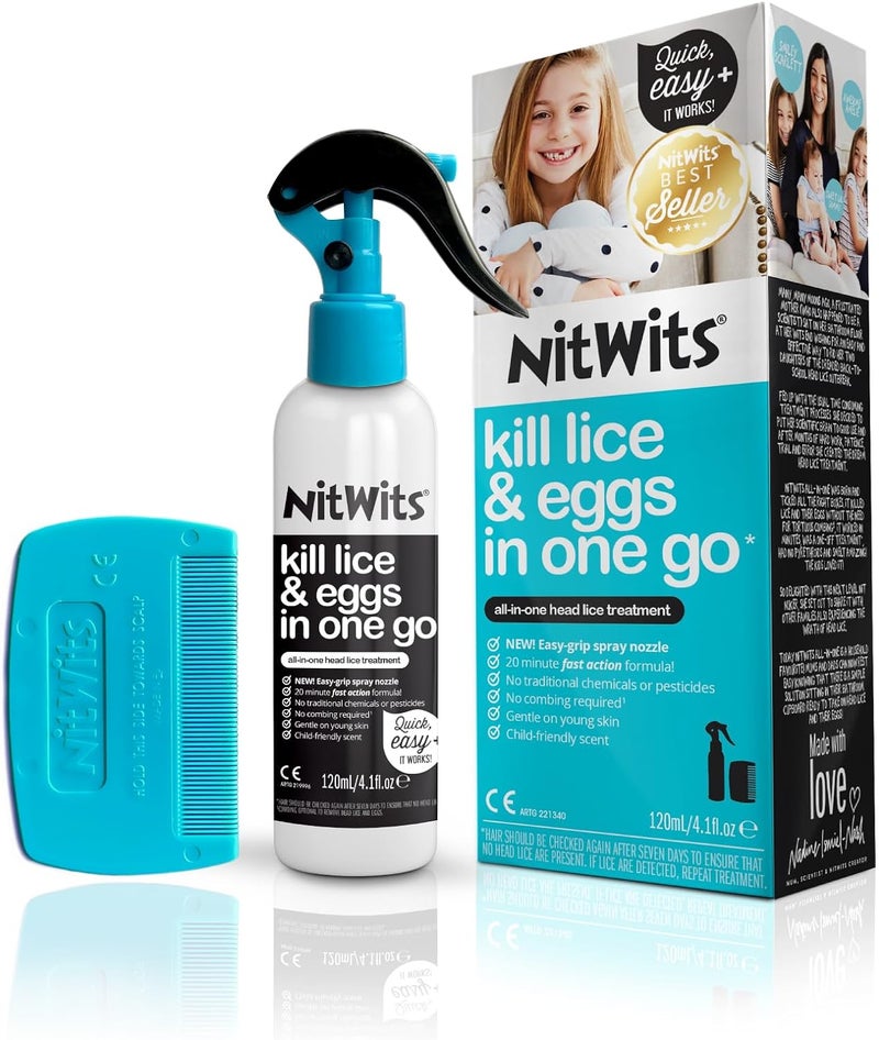 NitWits All-in-One Head Lice Treatment Spray, Kills Lice, Super Lice & Eggs, Includes Lice Spray 120ml & Lice Comb, Lice Treatment for Kids & Adults