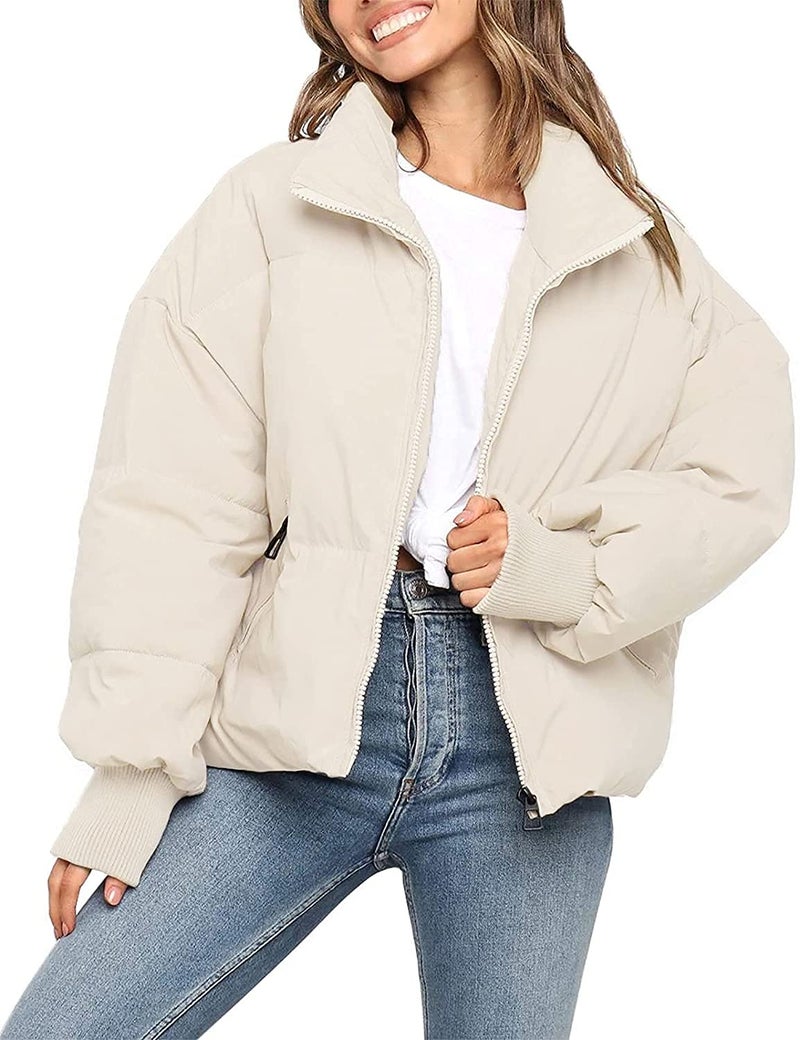 MEROKEETY Womens 2025 Winter Long Sleeve Zip Puffer Jacket Pockets Baggy Short Coats White L