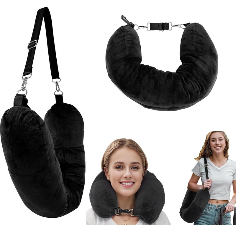 Leaysoo Stuffable Neck Pillow for Travel Soft Velvet Stuffable Travel Pillow for Extra Luggage Fits About 6 TShirts Travel Storage Bag UShapes Pillow Black Pillow Cover Only No Filler - Image 1