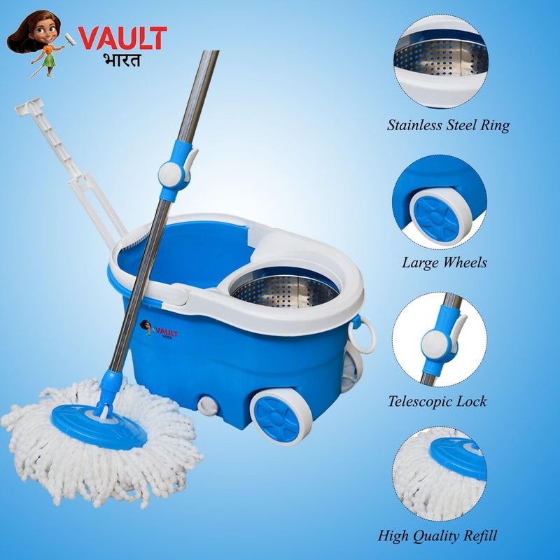 VAULT BHARAT Vault Bharat Premium Heavy Quality Mop Bucket for Floor Cleaning 360 Degree Spin Mop with Steel Wringer Easy Wheels 2 Refill and Bucket ModelV58V3NEW Color Blue Warranty 1 Year - Image 2