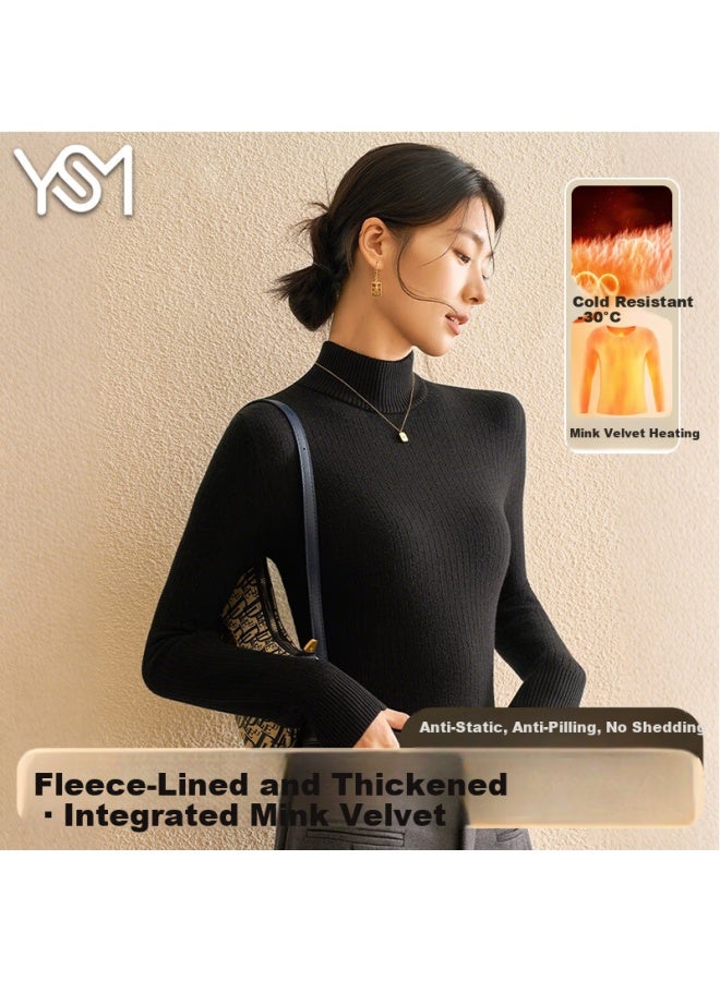 Yishangmei Women's Sweater Winter Thickened Fleece Lined High Neck Base Shirt Warm Mink Cashmere - Image 1