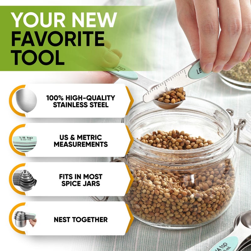 Spring Chef Magnetic Measuring Cups & Spoons Set, Patented, Strong N45 Magnets, Heavy Duty Stainless Steel Fits in Spice Jars for Baking & Cooking, BPA Free, Round Set of 15 with Leveler, Mint - Image 5