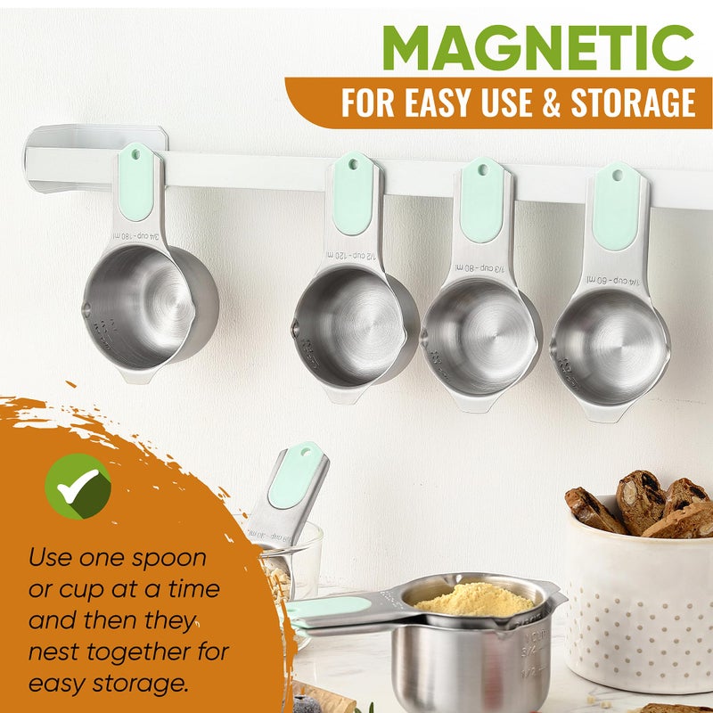 Spring Chef Magnetic Measuring Cups & Spoons Set, Patented, Strong N45 Magnets, Heavy Duty Stainless Steel Fits in Spice Jars for Baking & Cooking, BPA Free, Round Set of 15 with Leveler, Mint - Image 4
