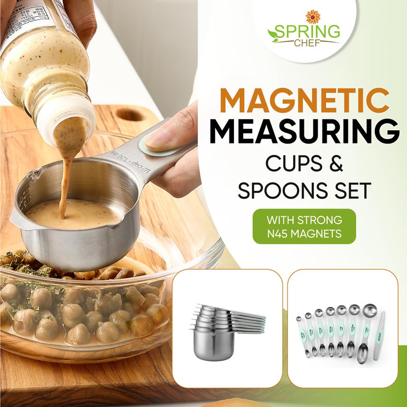 Spring Chef Magnetic Measuring Cups & Spoons Set, Patented, Strong N45 Magnets, Heavy Duty Stainless Steel Fits in Spice Jars for Baking & Cooking, BPA Free, Round Set of 15 with Leveler, Mint - Image 3