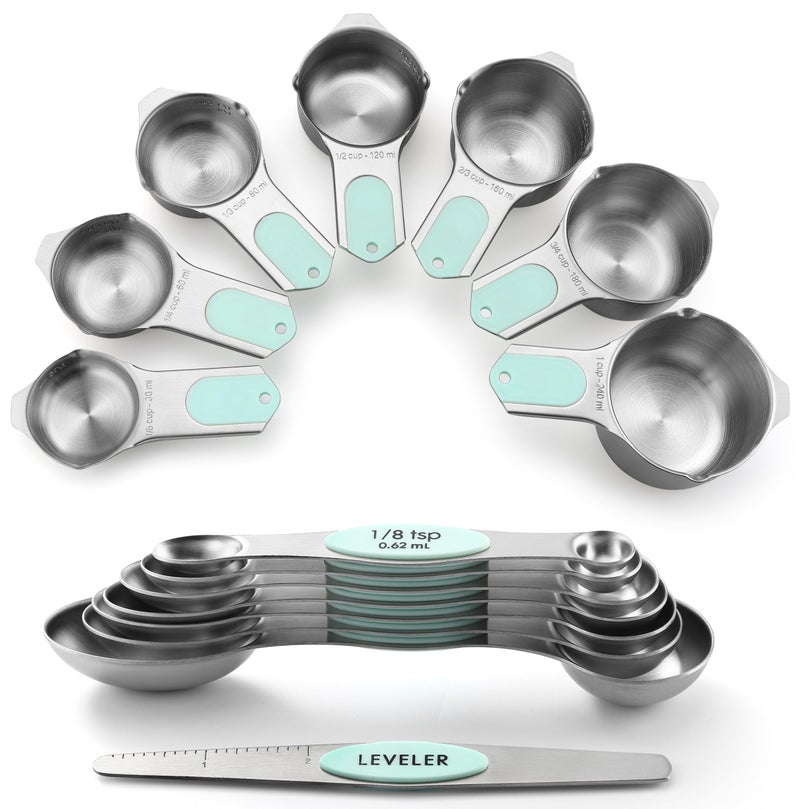 Spring Chef Magnetic Measuring Cups & Spoons Set, Patented, Strong N45 Magnets, Heavy Duty Stainless Steel Fits in Spice Jars for Baking & Cooking, BPA Free, Round Set of 15 with Leveler, Mint - Image 1