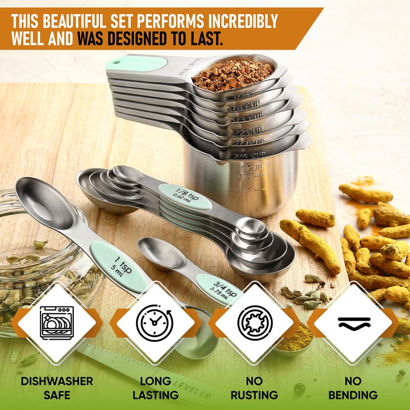 Spring Chef Magnetic Measuring Cups & Spoons Set, Patented, Strong N45 Magnets, Heavy Duty Stainless Steel Fits in Spice Jars for Baking & Cooking, BPA Free, Round Set of 15 with Leveler, Mint - Image 2