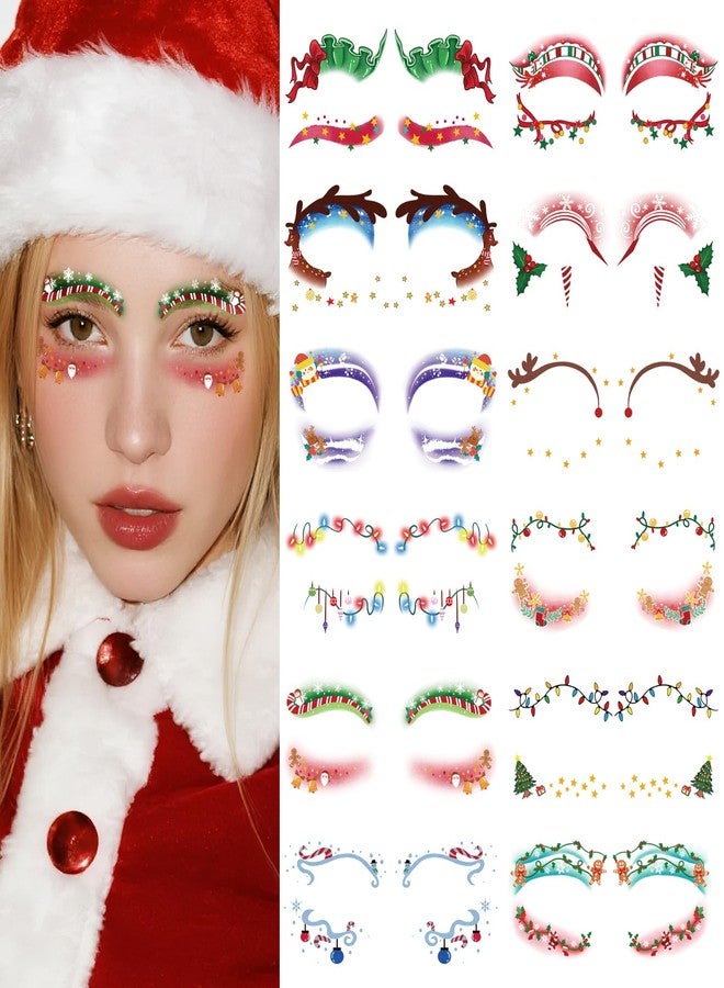 SOOVSY Christmas Eye Shadow Temporary Tattoos Stickers Face Makeup Patches, Xmas Tree Santa Claus Eyeliner Decals Fake Tattoos for Women Girls, Christmas Stocking Stuffers Party Supplies - Image 1