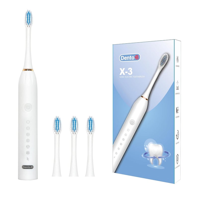 Dento-B Adult X-3 Sonic Electric Toothbrush With 3 Brush Heads 6 Brushing Modes 42000 Vibrations Per Minute 2 Hours Charging Lasts Upto 60 Days Ipx7 Waterproof Head 1 Year Warranty Multicolor (White) - Image 1