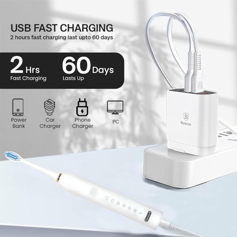 Dento-B Adult X-3 Sonic Electric Toothbrush With 3 Brush Heads 6 Brushing Modes 42000 Vibrations Per Minute 2 Hours Charging Lasts Upto 60 Days Ipx7 Waterproof Head 1 Year Warranty Multicolor (White) - Image 4