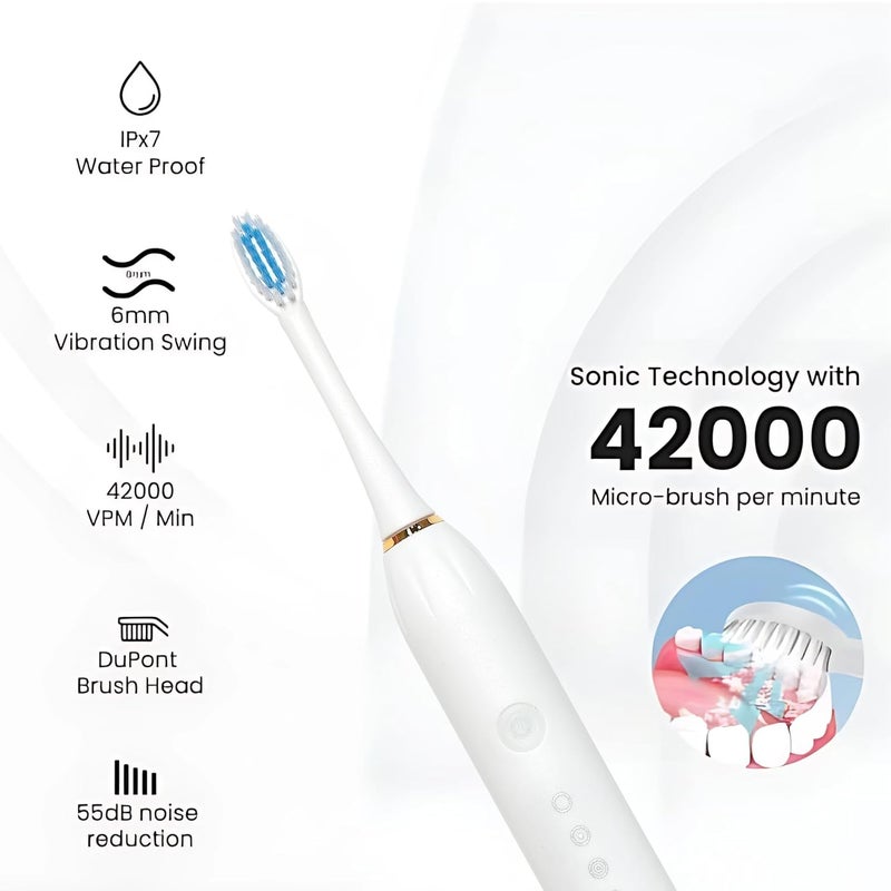 Dento-B Adult X-3 Sonic Electric Toothbrush With 3 Brush Heads 6 Brushing Modes 42000 Vibrations Per Minute 2 Hours Charging Lasts Upto 60 Days Ipx7 Waterproof Head 1 Year Warranty Multicolor (White) - Image 2