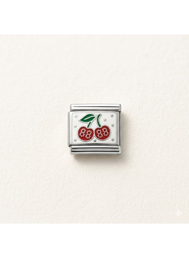 Stainless Steel Italian Charm with Double Cherry White Enamel Motif