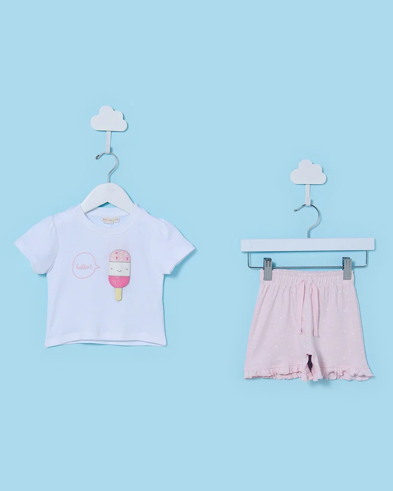 Redtag Infant Girls White and Pink Ice Top and Shorts Set