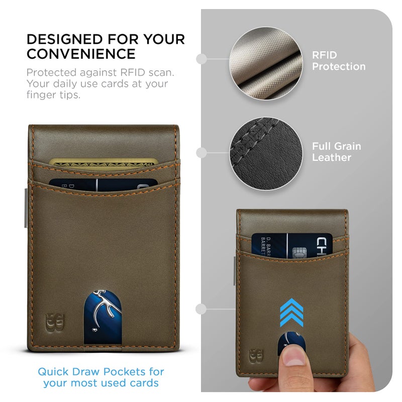 SERMAN BRANDS Mens Money Clip Wallet. RFID Blocking Slim Front Pocket Wallets for Men, Full Grain Leather RFID Minimalist Card Holder (Salted Green Navigator) - Image 4