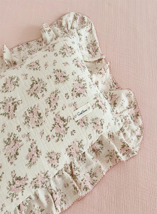 AOJIM Pink Floral Kids Toddler Pillowcase 1 Piece Super Soft Muslin Cotton Bedding Pillowcase with Ruffle Edges, Durable Nursery Pillowcase Aesthetic Print Kids Pillow Cover for Room Decor, 26X20 Inch - Image 2
