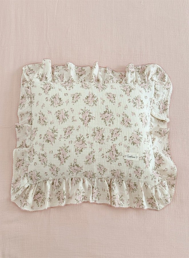 AOJIM Pink Floral Kids Toddler Pillowcase 1 Piece Super Soft Muslin Cotton Bedding Pillowcase with Ruffle Edges, Durable Nursery Pillowcase Aesthetic Print Kids Pillow Cover for Room Decor, 26X20 Inch - Image 1