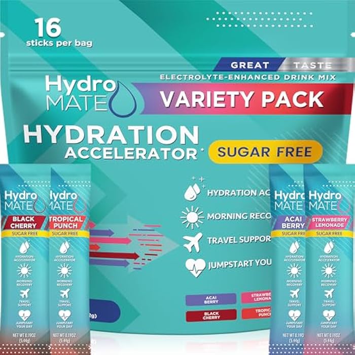 NatureWorks Electrolyte Powder Sugar-Free Hydration Packets Variety Pack HydroMATE 16 Sticks - Image 1