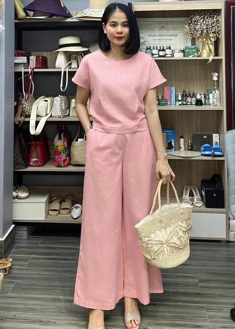 2022 Southeast Asia Europe and the United States cross-border new solid color short sleeve suit temperament commuter two-piece womens foreign trade wholesale Pink