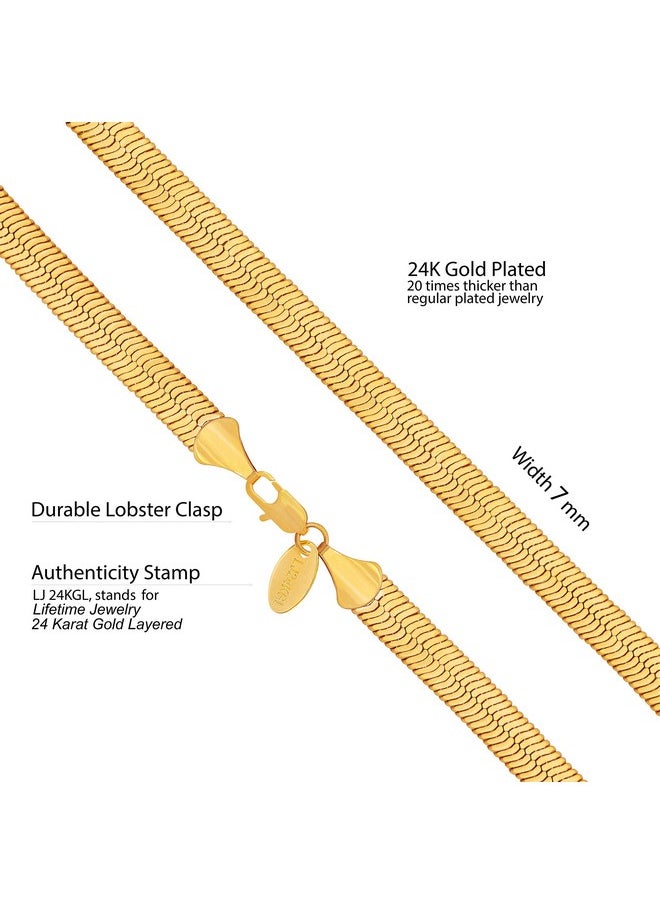 Lifetime Jewelry 7Mm Flexible Herringbone Chain Necklace 24K Real Gold Plated (18 Inches, Gold)  - Image 3